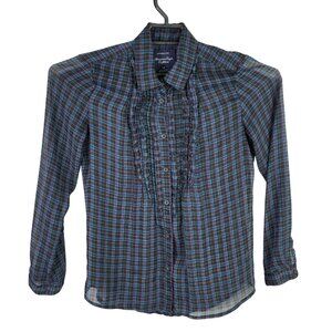 Womens American Eagle Sheer Plaid Blouse Long Sleeve Ruffle Button Up Size S